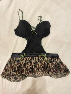 Native Intimates Sheer Black Chemise with Olive Trim and Camouflage Skirt